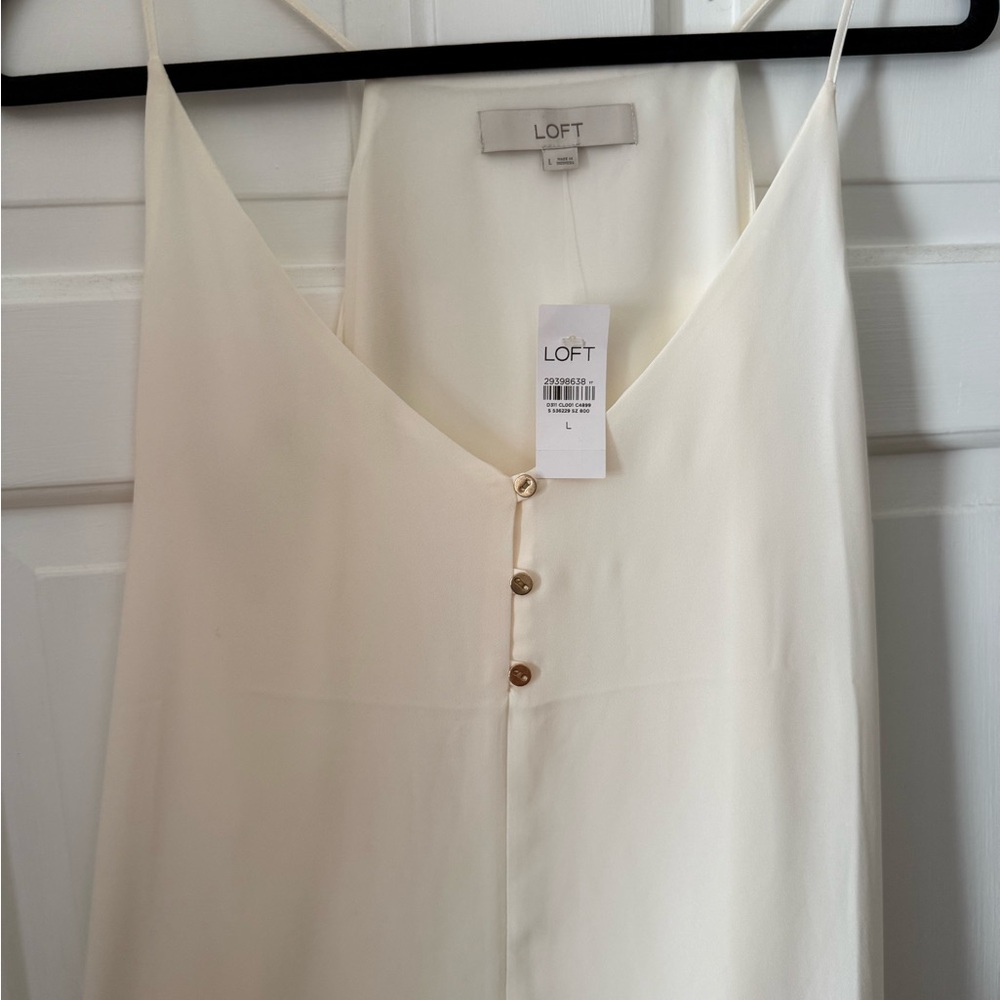 LOFT Cream V-Neck Satin Cami with Button Accents